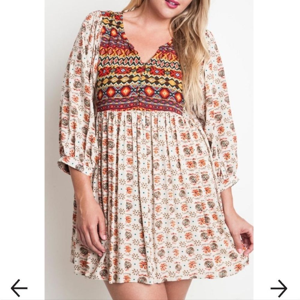 Umgee Cream Mini Dress with Rust & Mustard Embroidered Yoke